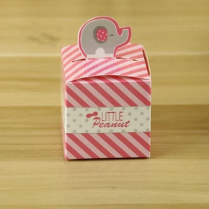 Detail of pink striped candy box with cute elephant handle and Little Peanut logo