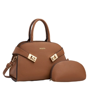 Schultertaschen-Set aus braunem genarbtem Leder mit goldenen Details und Münzfach