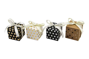Detailed set of small square candy gift boxes with gold foil polka dots and ribbon bows