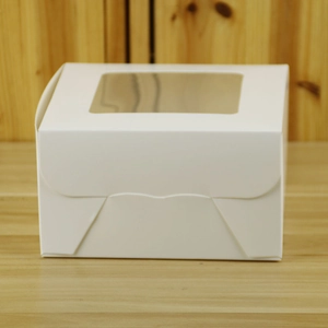 Detail of white paper cupcake box with clear window and foldable扣 design for packaging