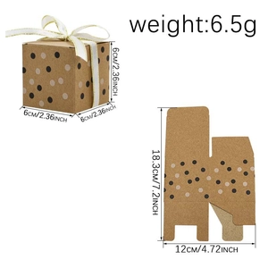 Polka dot kraft paper candy box with white ribbon decoration and size dimensions