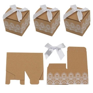 European style kraft paper candy box with white lace print and satin bow decoration