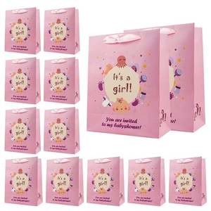 Sacchetto regalo rosa per Baby Shower bambina con slogan 'It's a girl' e manici in raso