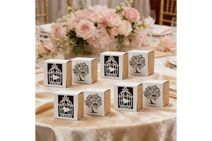 Set of 8 white laser cut wedding candy boxes with love tree and birdcage hollow designs