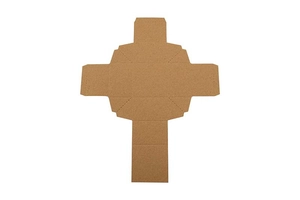 Flat lay of unfolded kraft paper gift box template with precise die-cut edges and creases