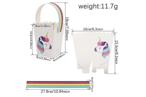 Detailed size specifications for unicorn party gift bag with dimensions in cm and inches