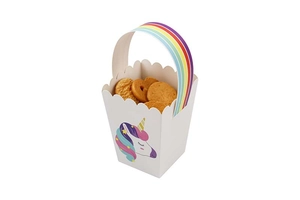 Detail view of unicorn gift box with rainbow handles filled with butter cookies