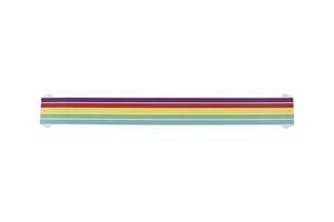 Close-up of rainbow striped silicone sports watch band with white connectors and colorful design