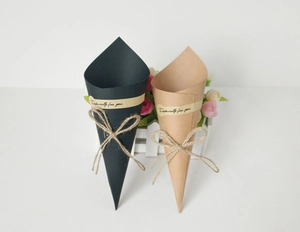 Detail of vintage kraft paper flower bouquet cones with Especially For You labels and twine