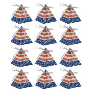 Lot de 12 boîtes cadeaux en forme de pyramide avec drapeau américain et rubans argentés