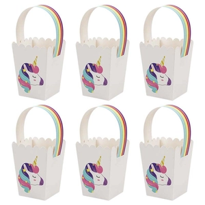 Unicorn Theme Party Gift Bags White Card Paper Rainbow Handle Wave Edge Cute Candy Boxes For Kids Birthday Celebration