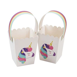 European unicorn themed candy boxes with rainbow handles and wavy edge gift bags