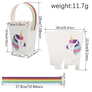 Unicorn themed paper gift box with rainbow handle and dimensions for wedding candy favors