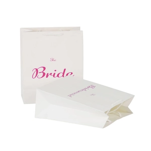 White wedding gift paper bags with pink The Bride and Bridesmaid lettering and rope handles