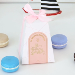 Europäische trapezförmige Hochzeit-Zuckerdose mit rosa Schleife und Goldschrift