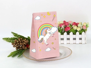 Pink paper food bag with cartoon unicorn and rainbow for party cake and gift packaging