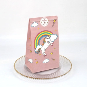 Pink unicorn paper food bag with rainbow patterns and round thank you sealing sticker