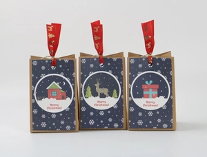 Detail of kraft paper Christmas gift bags with blue snowflake cards and festive deer ribbons