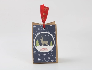 Detail of Christmas kraft paper gift bag with reindeer motif and red satin ribbon bow
