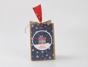 Detail of Christmas kraft paper bag with blue snowflake card and red festive ribbon