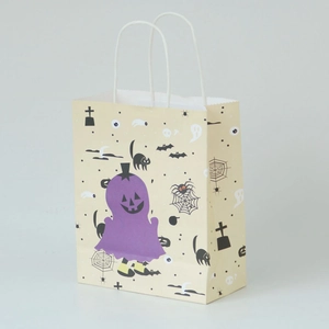 Halloween gift bag featuring pumpkin and black cat patterns with white paper handles