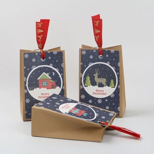 Christmas Kraft Paper Gift Bags Reindeer Snowflake Pattern Ribbon Hemp Rope Festive Party Favor Packaging