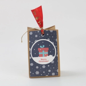 Brown kraft paper Christmas gift bag with blue Merry Christmas card and red reindeer ribbon