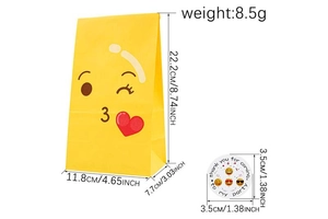 Detail of yellow cartoon paper gift bags with emoji face and thank you party stickers