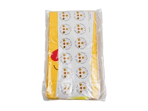 Close-up of yellow cartoon gift bags with emoji stickers and thank you messages
