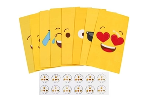 Detailed set of 8 yellow emoji party bags with matching thank you closure stickers