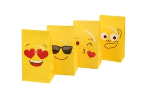 Detail of four yellow emoji paper gift bags featuring heart eyes and sunglasses