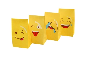 Detailed view of four vibrant yellow paper gift bags featuring diverse cartoon emoji designs