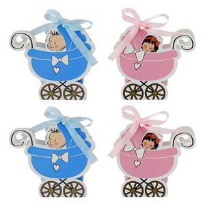European Style Baby Stroller Shape Candy Box Paperboard Gift Box For Baby Shower Birthday Party Favors Blue Pink