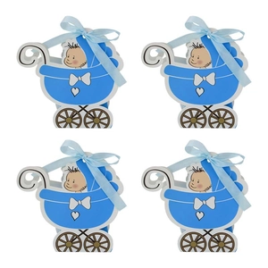 Set of four blue baby stroller gift boxes for baby shower and birthday party favors