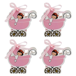 Pink stroller-shaped baby shower candy gift boxes with elegant ribbon and cute pattern