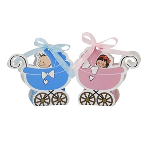 European style baby shower stroller candy boxes in blue and pink with silk bows