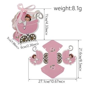 Pink stroller shaped candy box for baby shower party with assembly dimensions