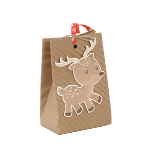 Brown kraft paper Christmas gift bag featuring a cartoon reindeer and red snowflake ribbon