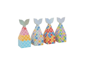 Close-up of four mermaid tail pyramid candy boxes with colorful scales for wedding favors