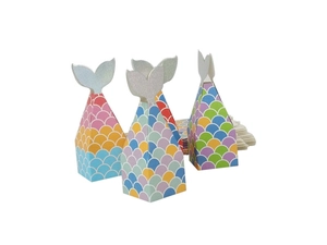 Detail of mermaid tail gift boxes with colorful fish scale pattern and glittery fins