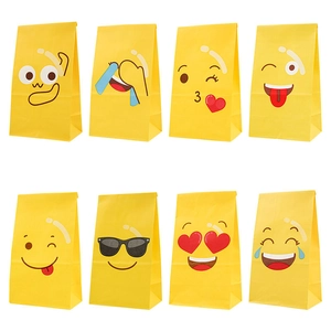 Yellow Kraft Paper Gift Bags Emoji Expression Patterns Party Favors Treat Pouches For Birthday Celebration Candy Snacks