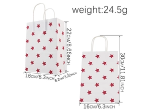 Detailed size chart for white kraft paper gift bags with red star patterns and rope handles