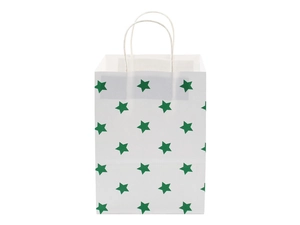 Close-up of white paper gift bag with green star pattern and sturdy twisted handles