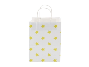 Close-up of white paper gift bag featuring yellow star pattern and durable rope handles
