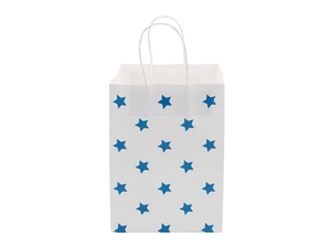 Close-up of white paper gift bag with blue star patterns and twisted handles