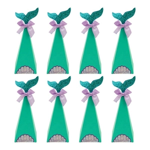 Set of 8 mermaid theme cone favor boxes with teal tails, purple bows and Thank You text
