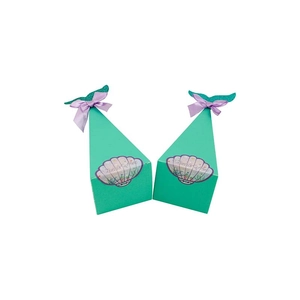 Mermaid party favor boxes in pyramid shape with sequin tail and purple bow, set of two