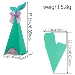 Mermaid themed triangular favor box with glitter tail and lavender bow for party treats