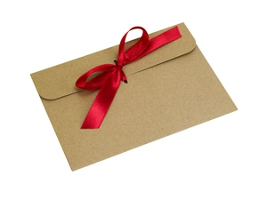 Detail of kraft paper envelope featuring a red satin ribbon bow closure for gift cards