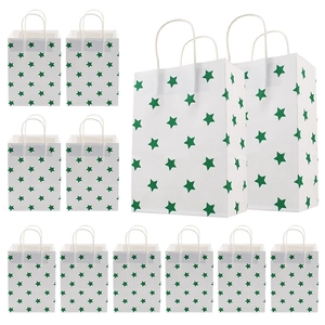 Pack of 12 white paper gift bags with green star patterns and sturdy twist handles